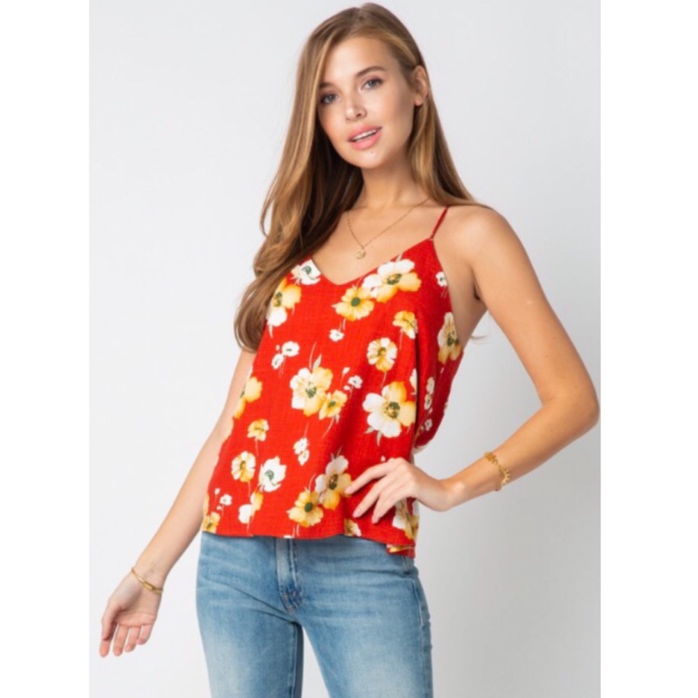Floral Linen Racerback Tank - Red with White and Yellow Flowers